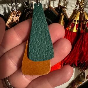 Green and Tan Teardrop Earrings with Textured Finish